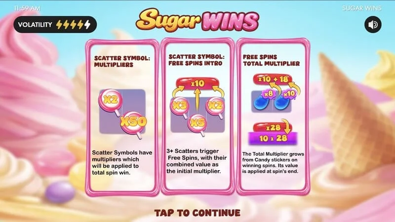 Sugar Wins - menu principale della slot